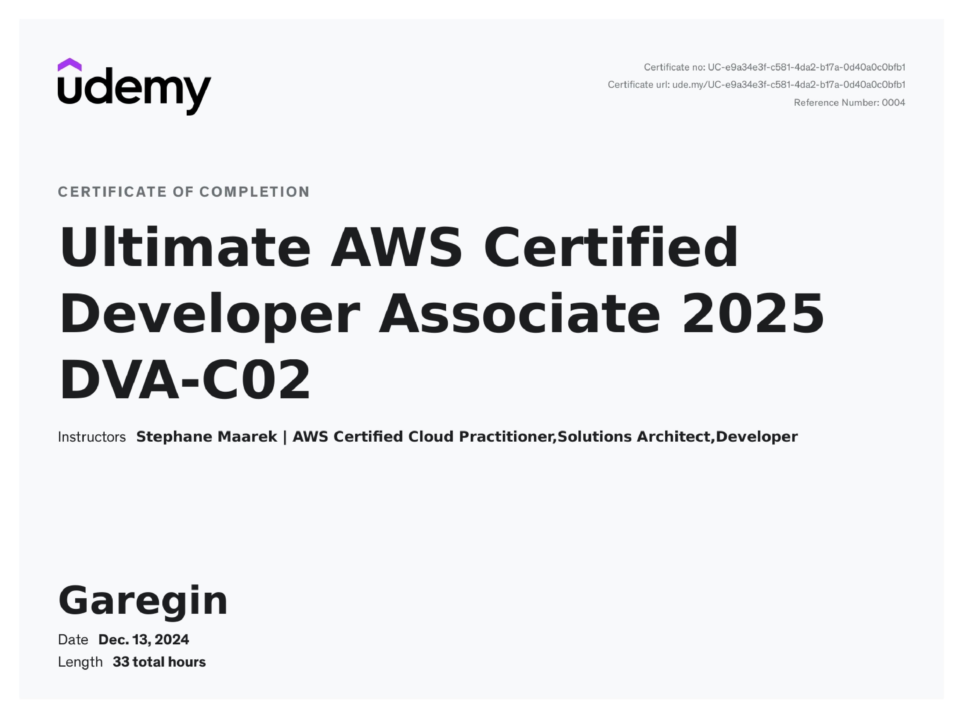 AWS Developer Certificate