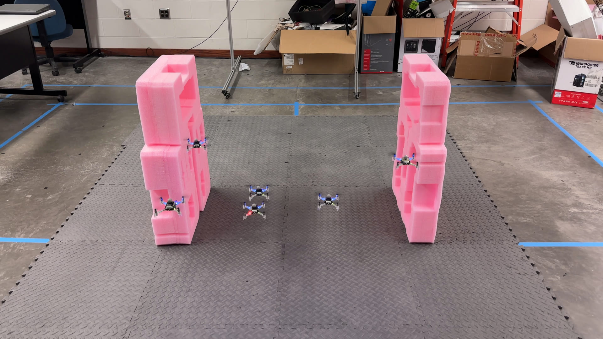Six Crazyflie quadrotors flying in formation between two stacked foam obstacles
