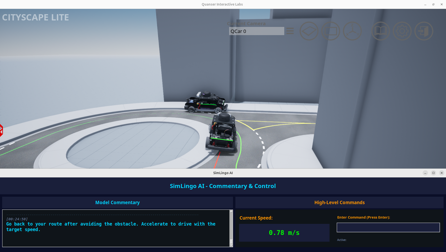 QCar2 approaching roundabout with parked vehicle obstacle