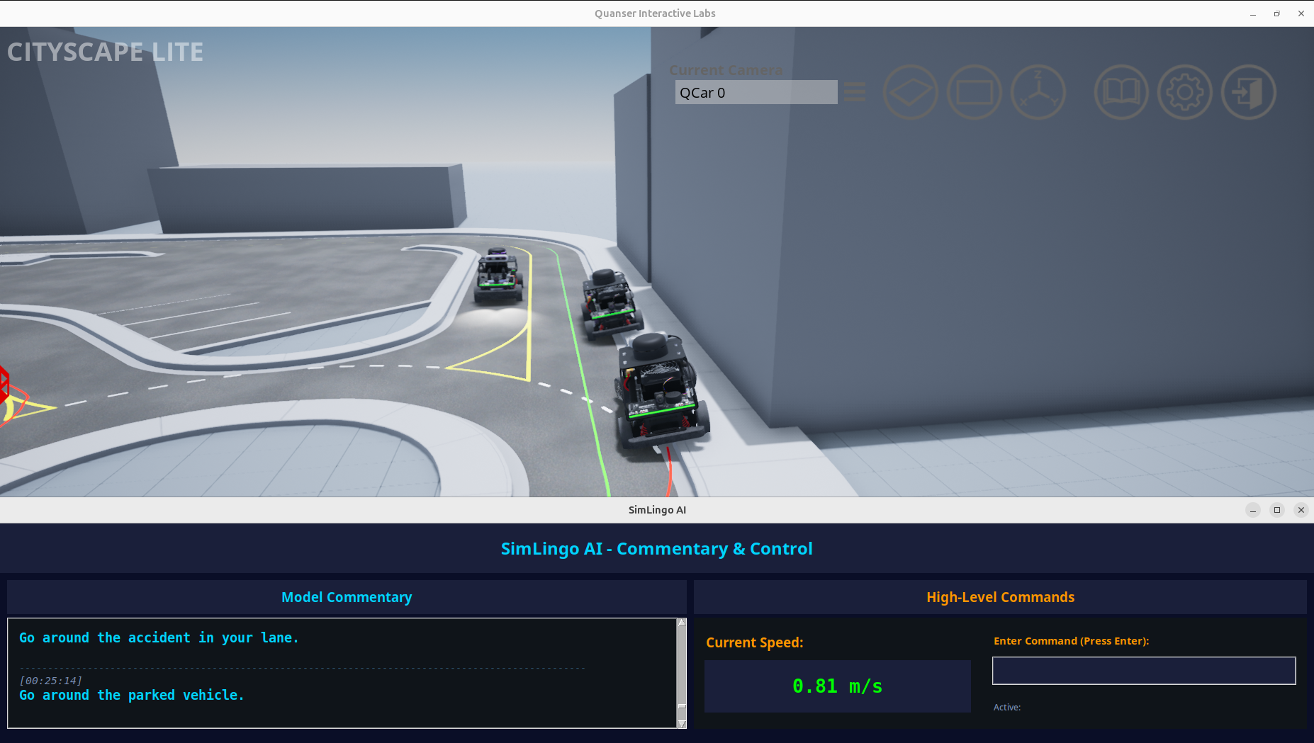 QCar2 navigating around parked vehicle with oncoming traffic